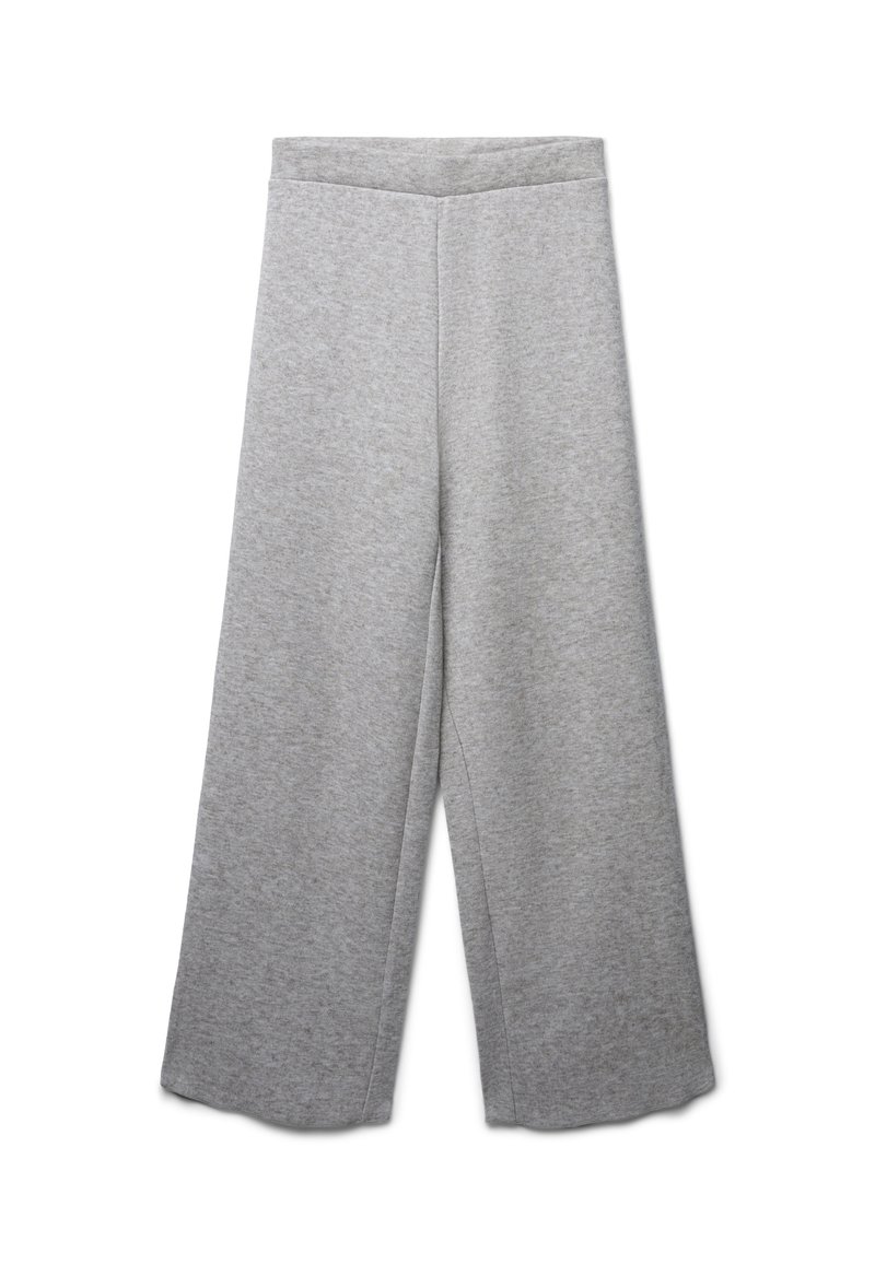 Pantaloni da tuta grigi chiari a gamba larga con vita elasticizzata, realizzati in morbido tessuto testurizzato, mostrati distesi su uno sfondo bianco.