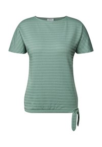 Zelený krátký rukáv top s texturovaným pruhovaným vzorem, kulatým výstřihem a detailem na bočním zavazování. Vyrobeno z lehkého, měkkého materiálu.