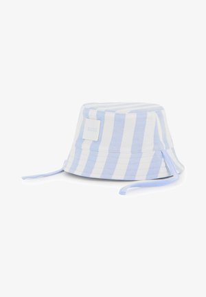 Blauw-wit gestreepte bucket hat van katoen, met een ingestikte label waarop "BOSS" staat, en trekkoordjes aan de zijkanten.
