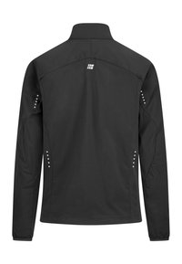 Zwarte lichtgewicht jas met een opstaande kraag, voorzien van reflecterende accenten langs de schouders en zijnaden. Glad stoffen oppervlak.