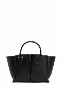 Schwarze Leder-Shopper-Tasche mit zwei stabilen Griffen, strukturierter Form und kontrastierendem weißen Nähten. Sie verfügt über ein geräumiges Innenfach und einen flachen Boden.