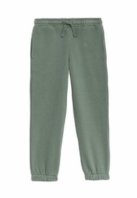 Grønne sweatpants lavet af blødt stof, med elastisk talje med snøre, sidelommer og tætsiddende manchetter ved anklerne.