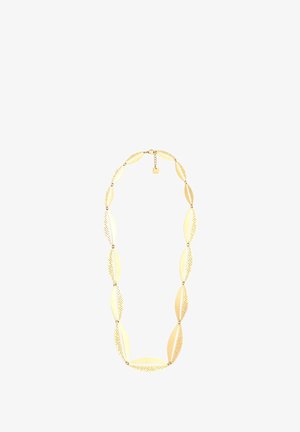 Kultakujanteinen kaulakoru, jossa on pitkänomainen lehtimuotoisia linkkejä, jotka vuorottelevat sileiden ja teksturoitujen pintojen kanssa. Mukana on pieni säädettävä hakaneula.