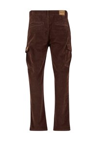 Ruskeat korduroypantterit, joissa on sivutaskut ja kaksi takataskua, joissa on kapea nahkainen merkkipatch vyötäröllä.