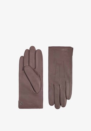 Guanti in pelle marrone con cinque dita, caratterizzati da una sottile texture e dettagli cuciti. Includono un piccolo logo nella zona del polso.