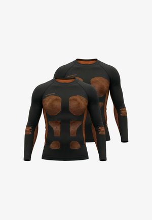 Black long-sleeve athletic shirts with orange striped accents and design details, featuring a fitted shape and textured fabric for performance.