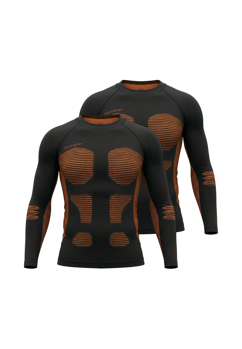 Black long-sleeve athletic shirts with orange striped accents and design details, featuring a fitted shape and textured fabric for performance.