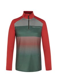 Langsleeve pullover met een rode kraag en mouwen, met een groene romp in een geruit patroon. Kwarti-ritssluiting bij de nek.