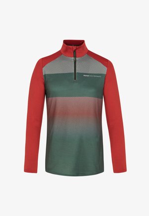 Langsleeve pullover met een rode kraag en mouwen, met een groene romp in een geruit patroon. Kwarti-ritssluiting bij de nek.