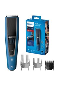 Tagliacapelli Philips Serie 5000 di colore blu con impugnatura testurizzata, display digitale della lunghezza e tre accessori a pettine aggiuntivi per diverse lunghezze.