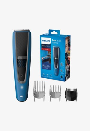 Philips Series 5000 Haarschneider in Blau mit strukturiertem Griff, digitaler Längeneinstellungen-Anzeige und drei zusätzlichen Aufsatzkämmen für verschiedene Längen.