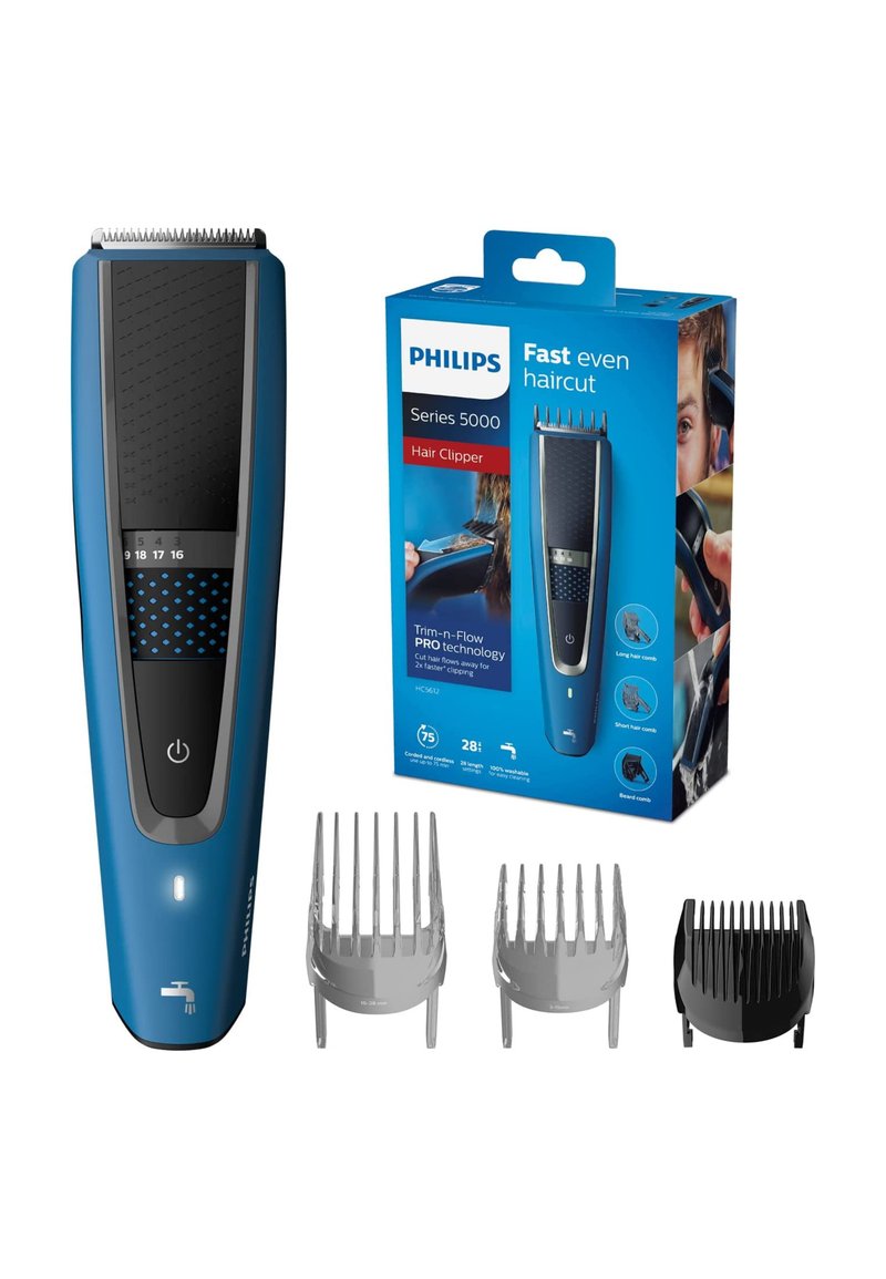 Tagliacapelli Philips Serie 5000 di colore blu con impugnatura testurizzata, display digitale della lunghezza e tre accessori a pettine aggiuntivi per diverse lunghezze.