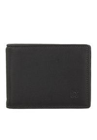 Black leather wallet with a smooth texture, compact design, and subtle logo detail; features clean stitching and a minimalist appearance.