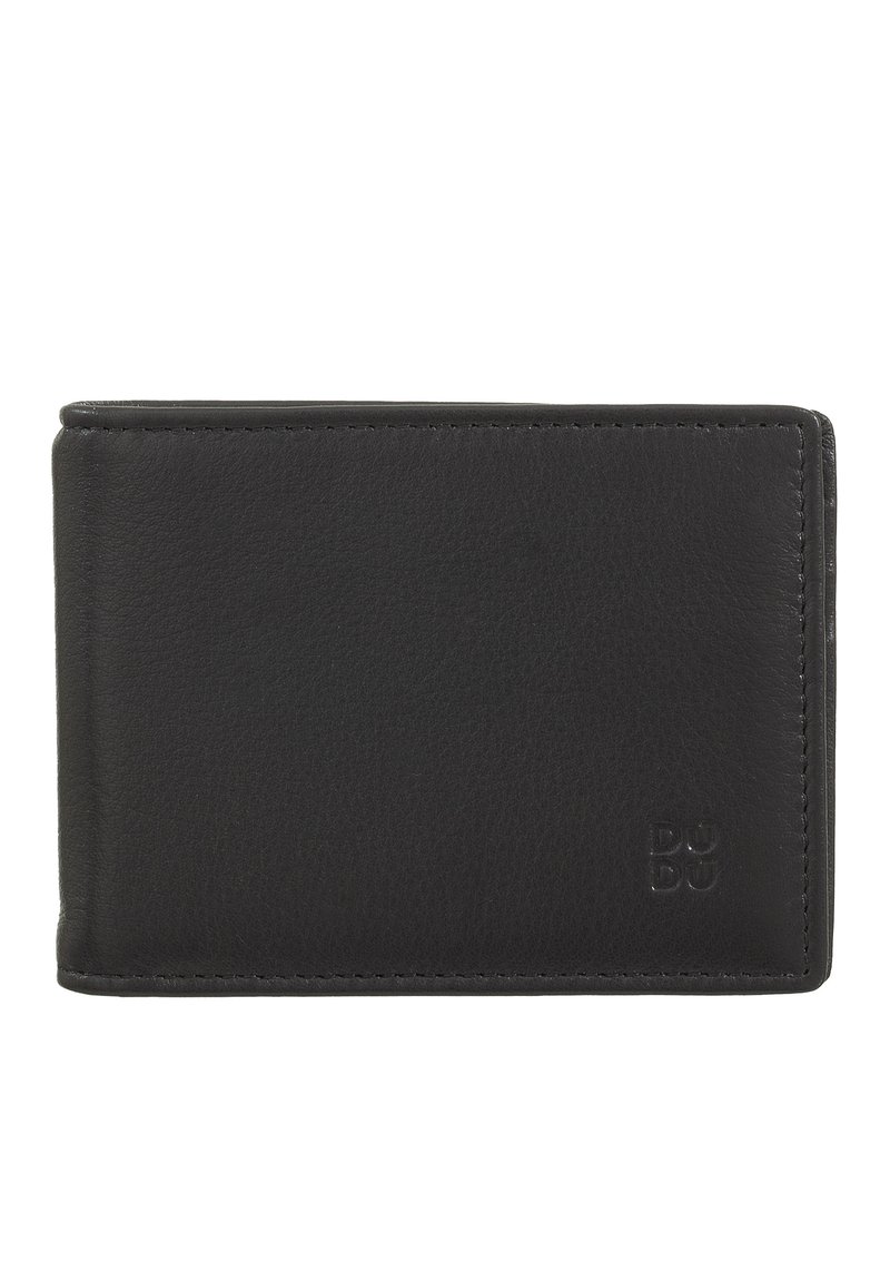Black leather wallet with a smooth texture, compact design, and subtle logo detail; features clean stitching and a minimalist appearance.