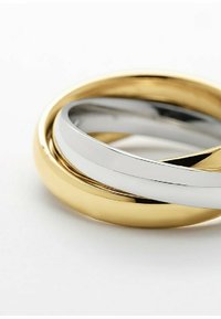 Tre sammanlänkade ringar av polerat metall – en i guld, en i silver och en vit – med släta ytor och cirkulära former.