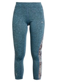 Legginsy w niebiesko-szary wzór o dopasowanym kroju. Wykonane z elastycznego materiału, z widocznymi szwami i pasem w talii.