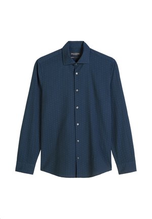 Navy blue long-sleeved shirt in textured fabric, featuring a spread collar and button closure with silver buttons down the front.