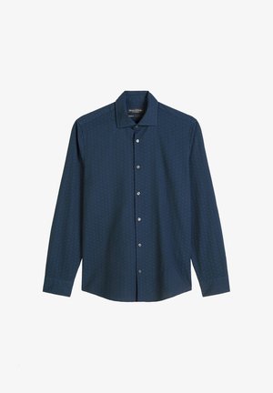Navy blue long-sleeved shirt in textured fabric, featuring a spread collar and button closure with silver buttons down the front.