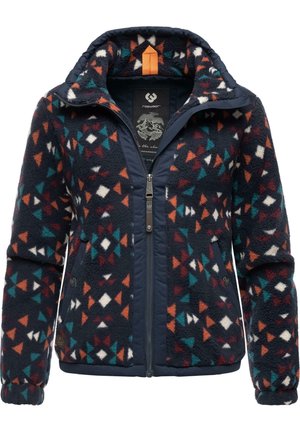 Veste polaire bleu marine avec motifs géométriques multicolores, fermeture éclair intégrale à l'avant, col montant et poches latérales zippées.