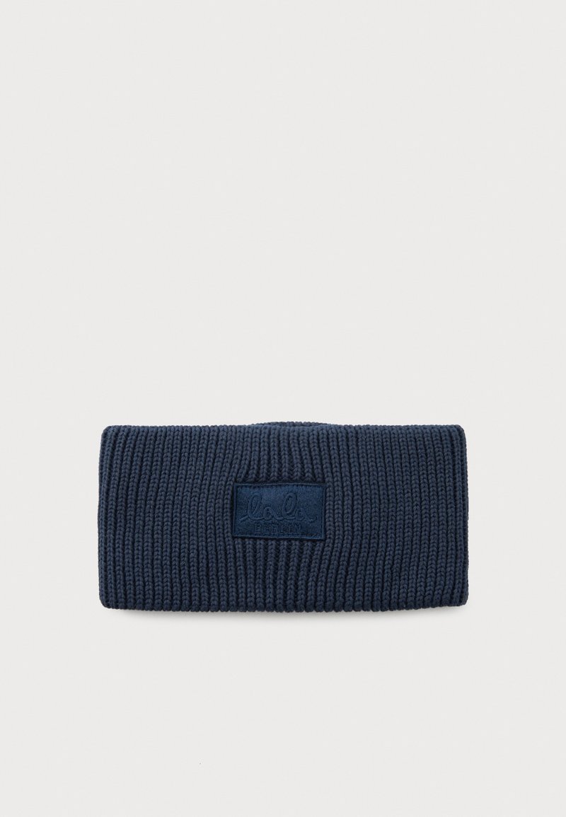 Faixa de cabelo canelada azul marinho com um patch retangular rotulado "lala BERLIN" centralizado na frente.