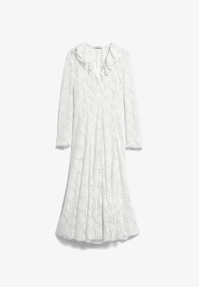 Λευκό μίντι φόρεμα με μακριά μανίκια από δαντελωτό ύφασμα, με V-λαιμόκοψη και γιακά με βολάν, καθώς και πιετέ φούστα.