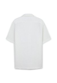 Camicia a maniche corte con colletto in tessuto bianco testurizzato, caratterizzata da una vestibilità rilassata e da un sottile motivo a rete. La vista posteriore non presenta ulteriori dettagli.
