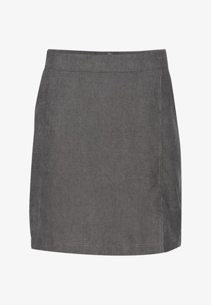 Szara denimowa mini spódnica o prostym kroju, z czystą talią i kontrastowym przeszyciem. Brak widocznych elementów metalowych i wzorów.