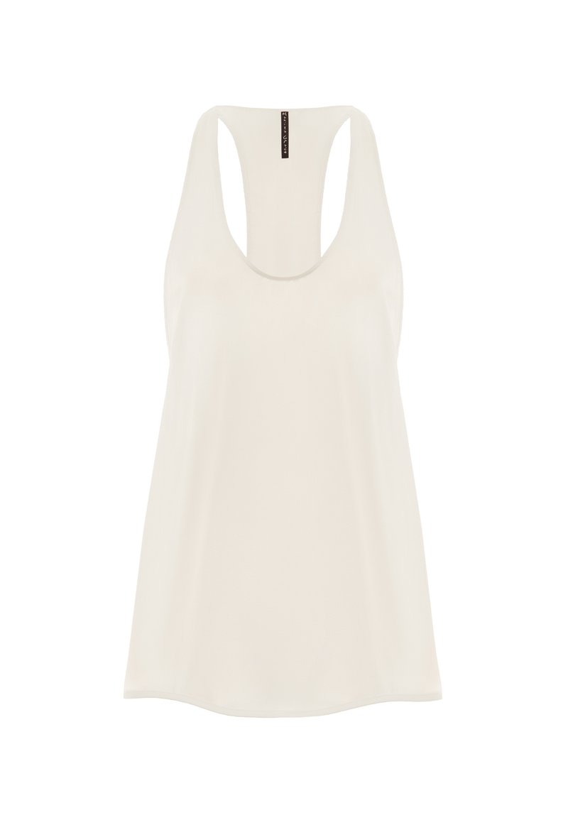 Top a maniche corte bianco senza maniche con scollatura rotonda e ampi fori per le braccia. Tessuto morbido e liscio con una vestibilità rilassata e leggermente ampia.