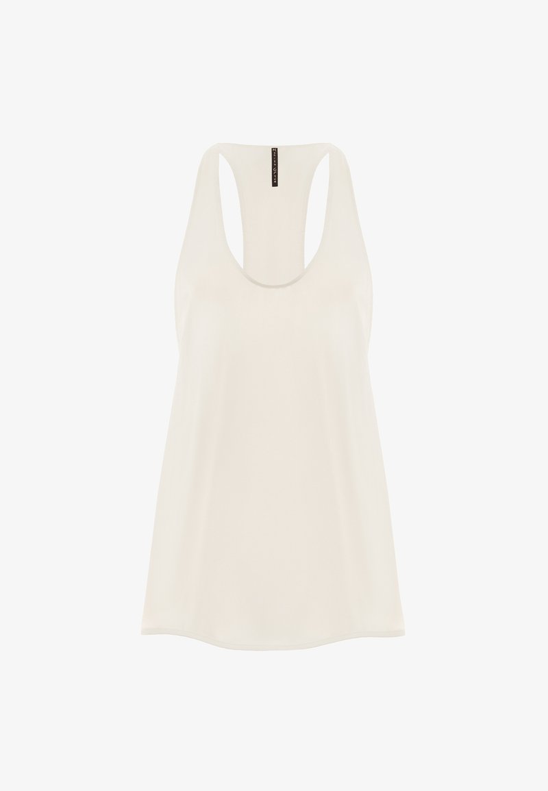 Top a maniche corte bianco senza maniche con scollatura rotonda e ampi fori per le braccia. Tessuto morbido e liscio con una vestibilità rilassata e leggermente ampia.