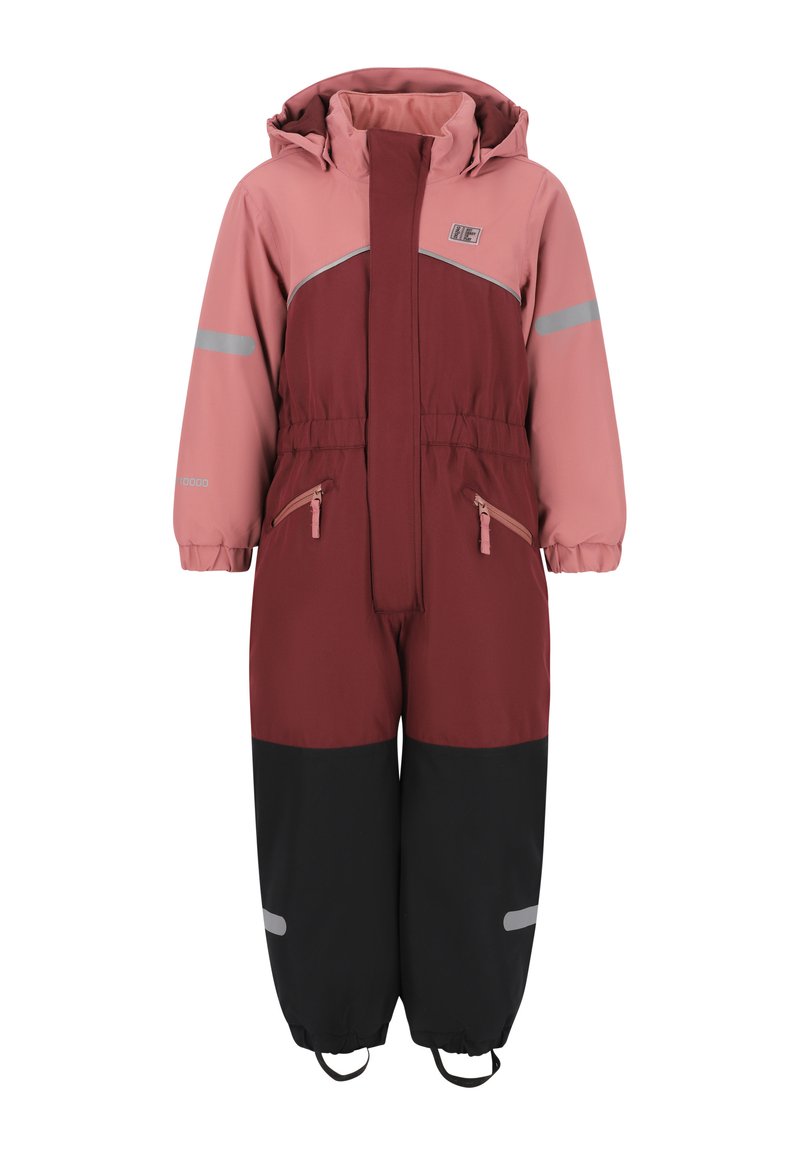 Roze en bordeaux geïsoleerde sneeuwpak met een grijze streep, ritszakken, elastische manchetten en een trekkoord bij de enkels. Waterdicht materiaal.