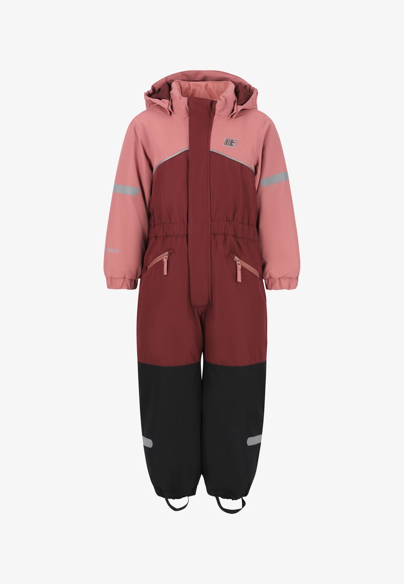 Rosa und burgunderfarbene isolierte Schneejacke mit einem grauen Streifen, mit Reißverschlusstaschen, elastischen Bündchen und einem Kordelzug an den Knöcheln. Wasserabweisendes Material.