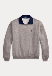 Gray long-sleeve sweater with navy blue collar and small embroidered Polo Ralph Lauren logo on the left chest.
