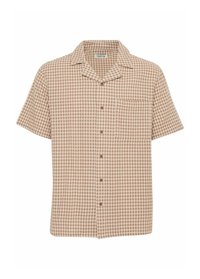 Short-sleeve button-up shirt with a brown and cream checked pattern, chest pocket, soft fabric, and open collar design.