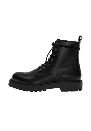Black leather lace-up ankle boot with thick rugged sole and pull tab at the back.