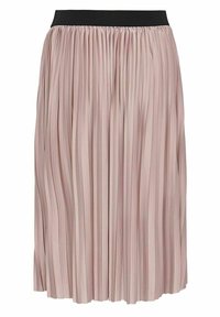 Plissé midi-rok in lichtroze met een zwarte elastische tailleband. De stof heeft een glanzende afwerking en verticale plooien die textuur creëren.