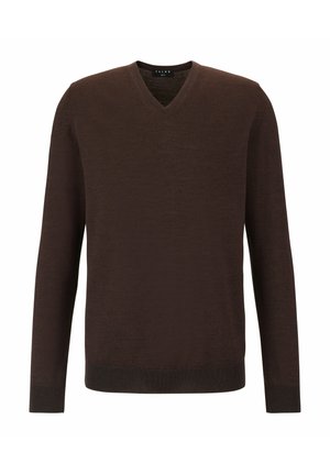 Maglione marrone a scollo a V realizzato in morbido tessuto a maglia, con maniche lunghe e una vestibilità regolare, dotato di un bordo e polsini a coste per una maggiore texture.