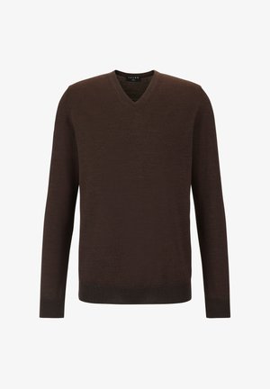 Brown v-neck sweater made of soft knit fabric, featuring long sleeves and a regular fit, with a ribbed hem and cuffs for added texture.