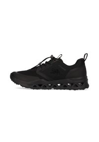 Scarpa sportiva nera con tomaia in rete e sintetico, dettagli testurizzati, lacci elastici e una suola leggera e ammortizzata con ritagli a forma di triangolo.