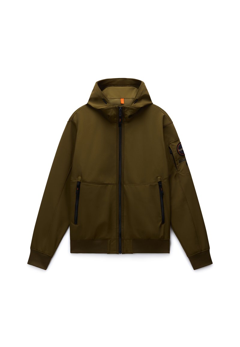 Φόρμα μπουφάν ελιάς με κουκούλα, φερμουάρ εμπρός, δύο πλαϊνές τσέπες με φερμουάρ και ριμπ μανσέτες. Διαθέτει ετικέτα στο αριστερό μανίκι.