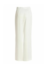 Pantalon blanc taille haute à jambes larges, avec plis à l'avant et ceinture dissimulée, présenté sur un fond blanc uni.