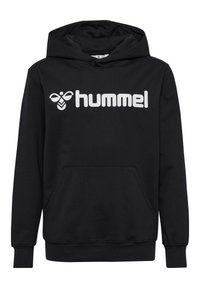 Schwarzer Hoodie aus Baumwollmischgewebe. Verfügbar mit einer Fronttasche, gerippten Bündchen und einem weißen "hummel"-Logo mit einem Bienenmotiv auf der Brust.