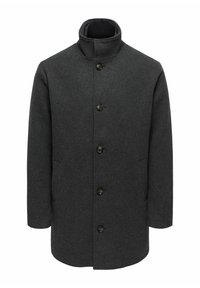 Szary wełniany płaszcz z wysokim kołnierzem, sześcioma guzikami z przodu i bocznymi kieszeniami. Tkanina ma gładką, teksturowaną powierzchnię.