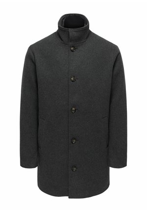 Grå uldfrakke med høj krave, seks knapper foran og sidelommer. Stoffet har en glat, struktureret overflade.