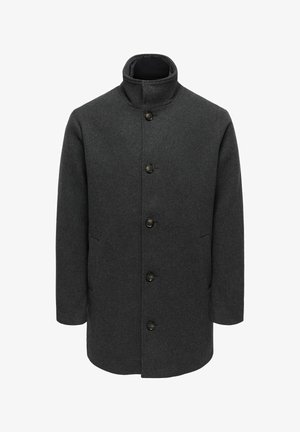 Grå ullfrakk med høy krage, seks knapper foran og sidelommer. Stoffet har en jevn, teksturert finish.