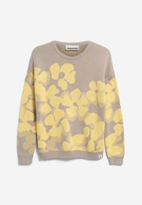 Pull en maille beige avec grand motif floral jaune, col rond, manches longues, poignets et ourlet côtelés, étiqueté ARMEDANGELS.