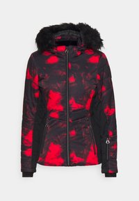 Veste d'hiver noire et rouge à motif avec fermeture éclair frontale, deux poches zippées, poche zippée sur la manche et bordure de capuche en fausse fourrure noire.