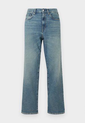 Hoch taillierte blaue Denim-Jeans mit geradem Bein, vorderem Knopfverschluss, Gürtelschlaufen und Fünf-Taschen-Design.