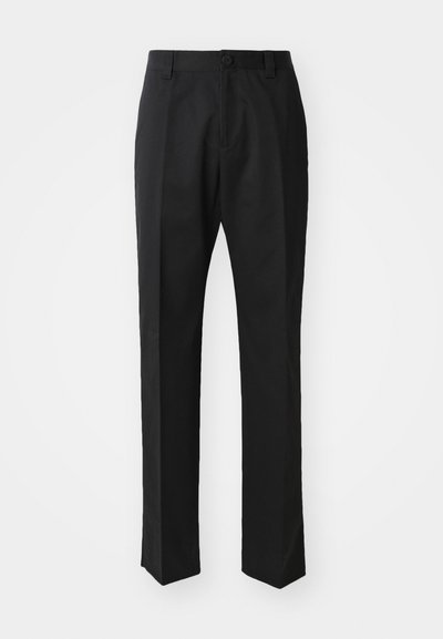 Black trousers made of smooth fabric, featuring a straight-leg design, a front button closure, and a classic, clean-cut silhouette.
