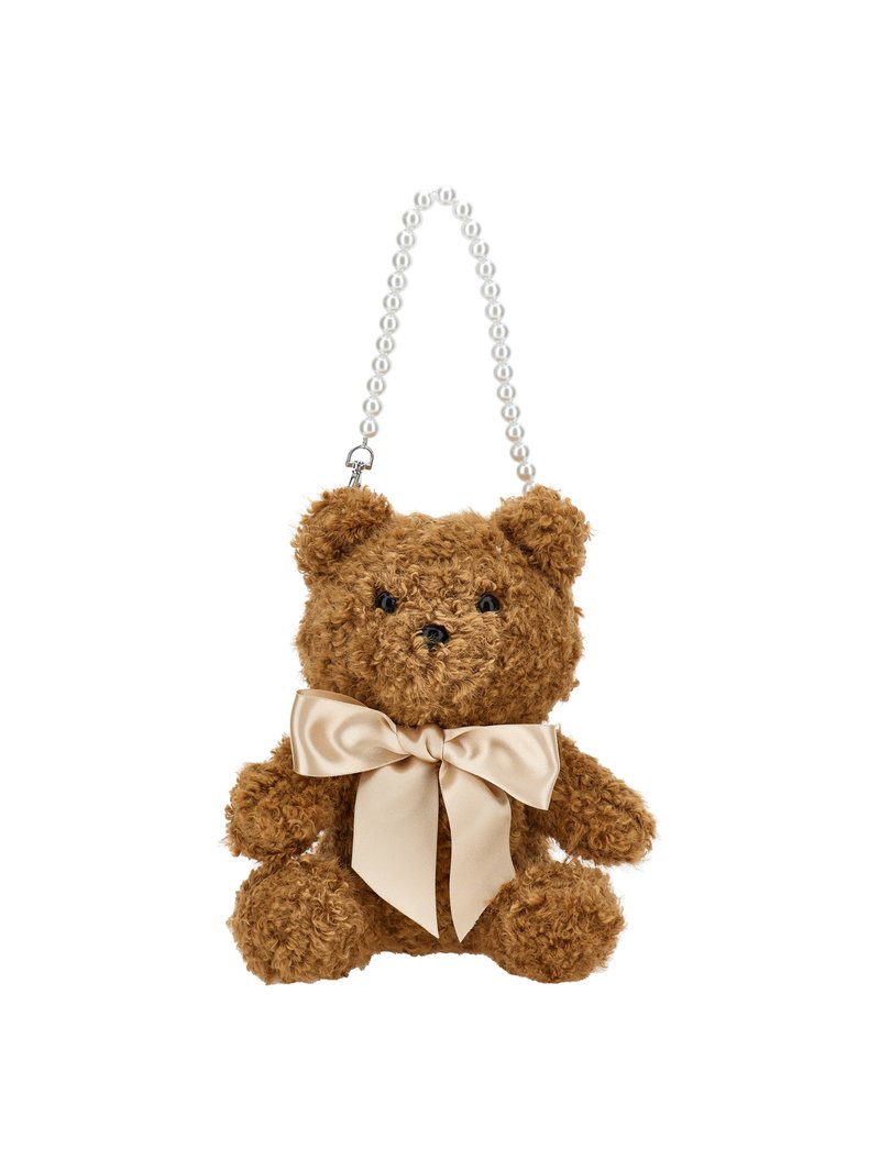 Ours en peluche brun avec une texture frisée, des yeux noirs et un nœud en satin beige. Équipé d'une chaîne perlée pour le transporter.