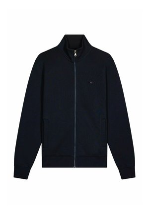 Veste noire zippée avec col montant, manches longues, deux poches latérales verticales et petit logo brodé sur la poitrine gauche.